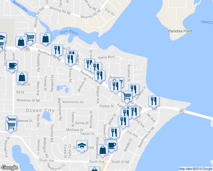 map of restaurants, bars, coffee shops, grocery stores, and more near 311 Racetrack Road Northeast in Fort Walton Beach