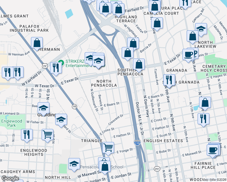 map of restaurants, bars, coffee shops, grocery stores, and more near 3017 N Tarragona St in Pensacola