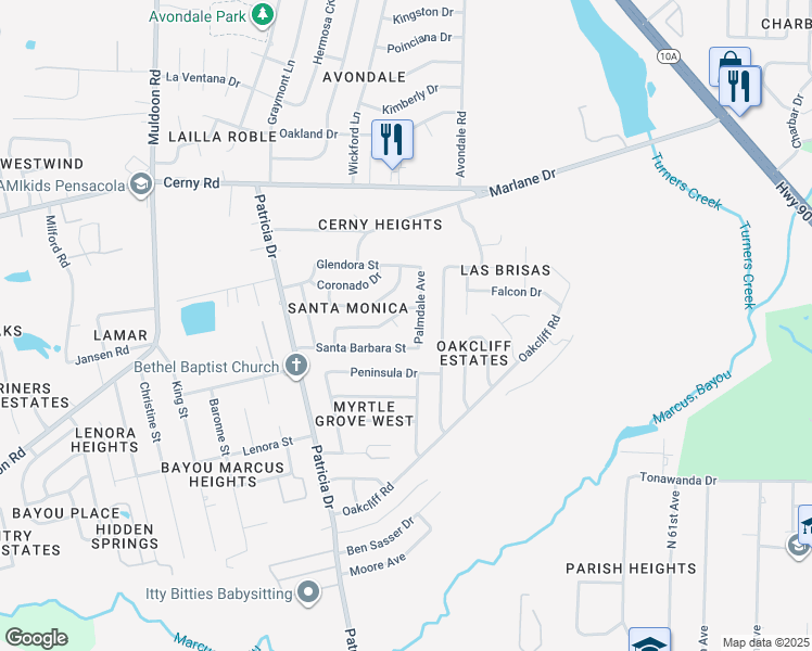 map of restaurants, bars, coffee shops, grocery stores, and more near 3201 Palmdale Avenue in Pensacola
