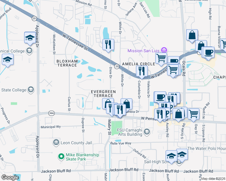 map of restaurants, bars, coffee shops, grocery stores, and more near 229 Dixie Drive in Tallahassee