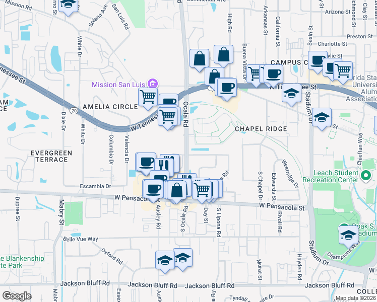 map of restaurants, bars, coffee shops, grocery stores, and more near 36 Ocala Road in Tallahassee