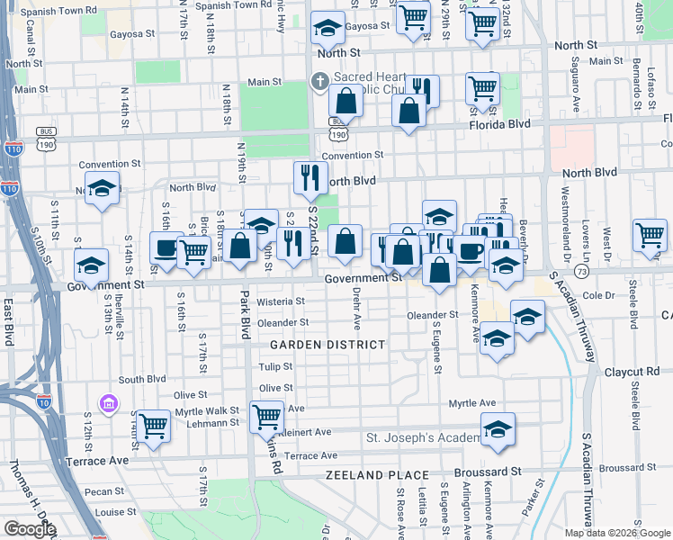 map of restaurants, bars, coffee shops, grocery stores, and more near 2272 Cedar Way in Baton Rouge