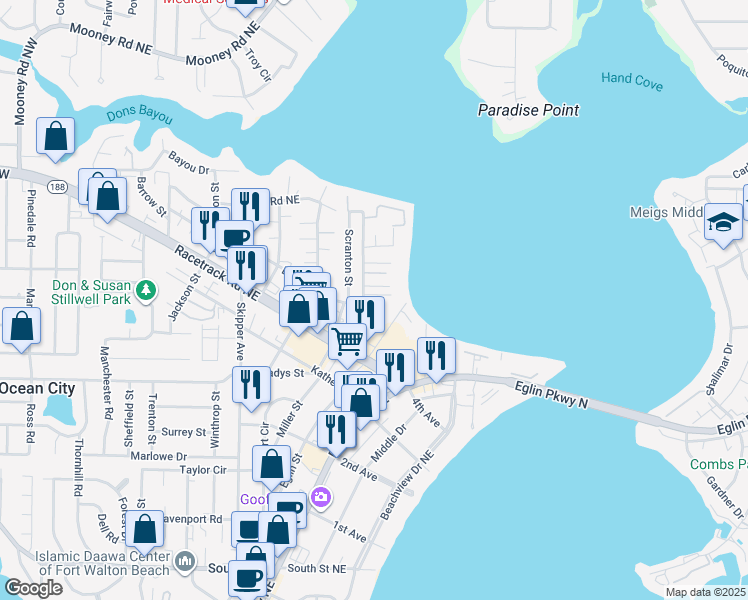 map of restaurants, bars, coffee shops, grocery stores, and more near 115 Beach Drive in Fort Walton Beach