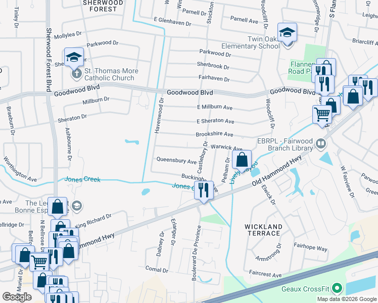 map of restaurants, bars, coffee shops, grocery stores, and more near 12450 Warwick Avenue in Baton Rouge