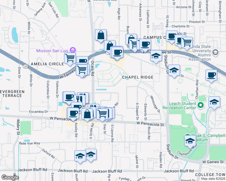 map of restaurants, bars, coffee shops, grocery stores, and more near 1856 Honeysuckle Drive in Tallahassee