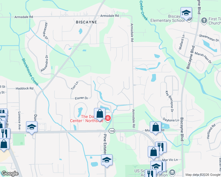 map of restaurants, bars, coffee shops, grocery stores, and more near 2346 Blossom Ridge Drive North in Jacksonville