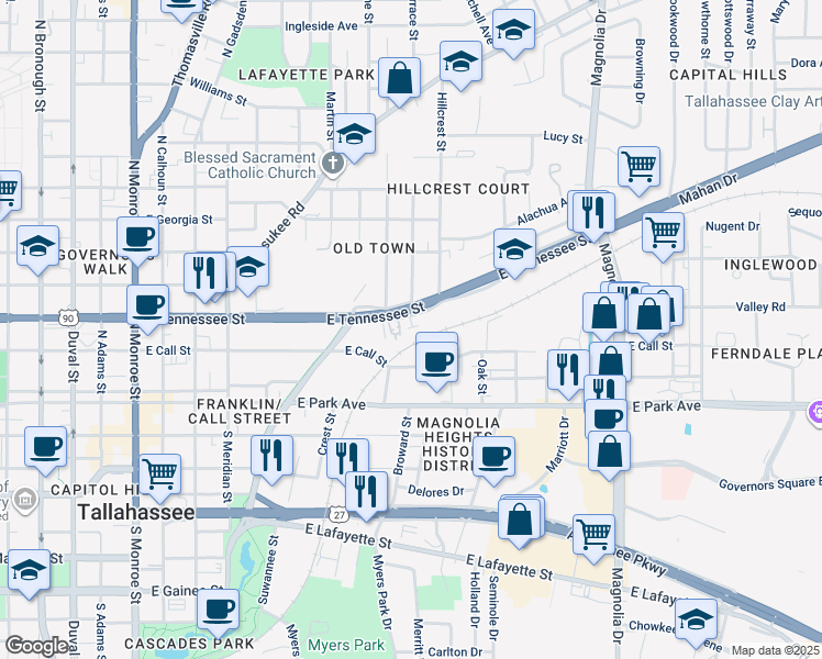 map of restaurants, bars, coffee shops, grocery stores, and more near 733 East Tennessee Street in Tallahassee