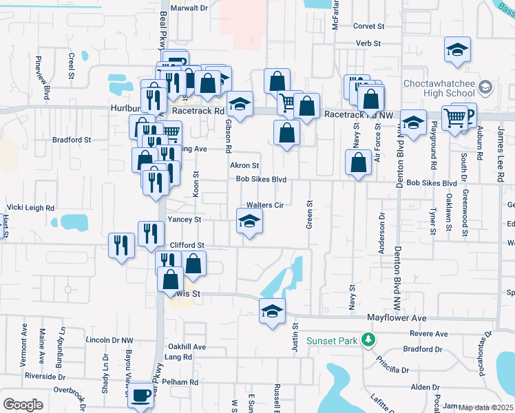 map of restaurants, bars, coffee shops, grocery stores, and more near 406 Walter Circle in Fort Walton Beach