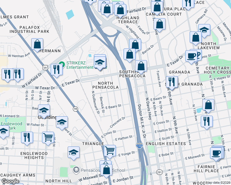 map of restaurants, bars, coffee shops, grocery stores, and more near 3017 N Tarragona St in Pensacola