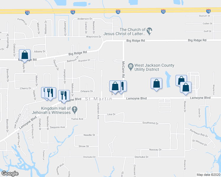 map of restaurants, bars, coffee shops, grocery stores, and more near 7 Pelican Park in Biloxi