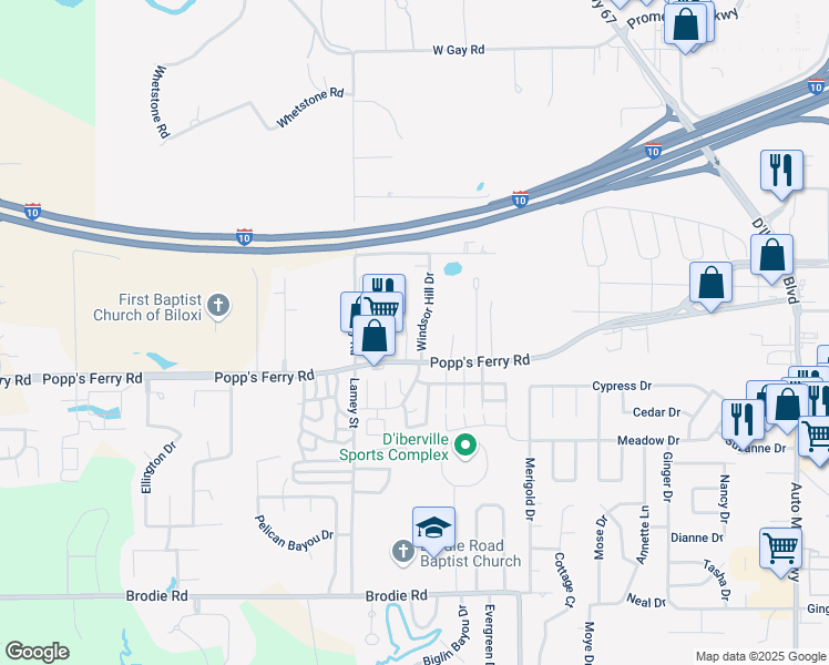 map of restaurants, bars, coffee shops, grocery stores, and more near 4494 Popp's Ferry Road in D'Iberville
