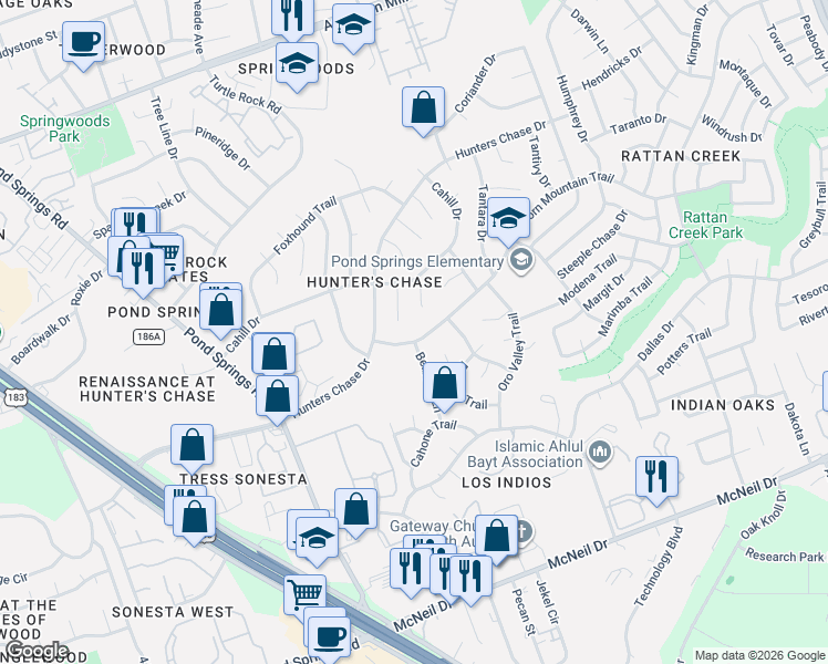 map of restaurants, bars, coffee shops, grocery stores, and more near 8102 Elkhorn Mountain Trail in Austin