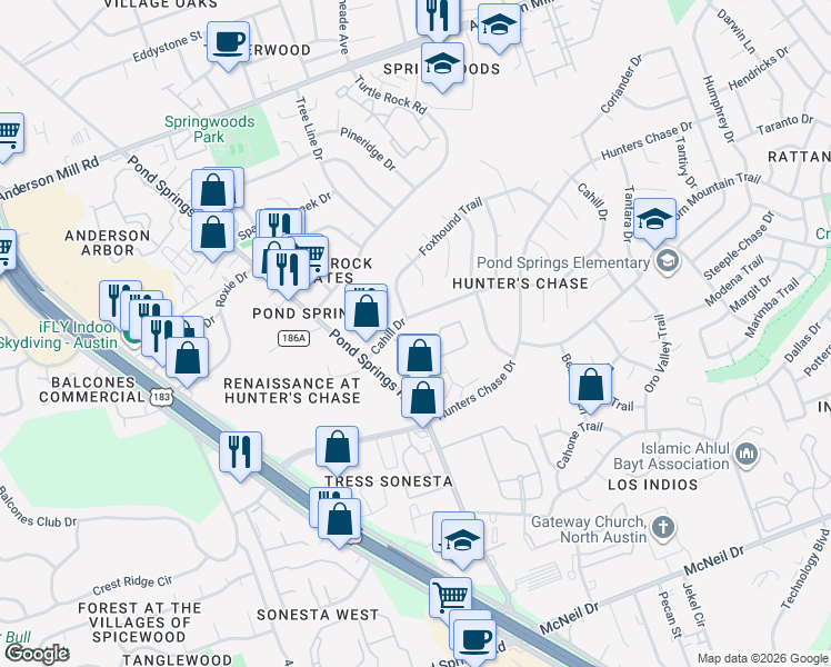 map of restaurants, bars, coffee shops, grocery stores, and more near 8519 Cahill Drive in Austin