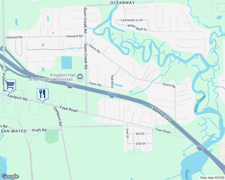 map of restaurants, bars, coffee shops, grocery stores, and more near 1858 Farm Road in Jacksonville