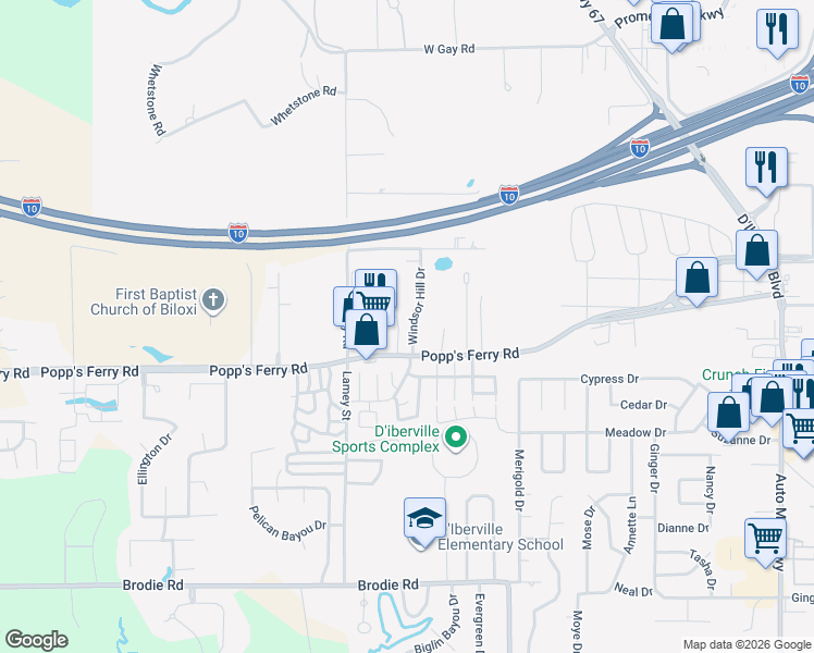 map of restaurants, bars, coffee shops, grocery stores, and more near 4441 Jeremiah Circle in D'Iberville