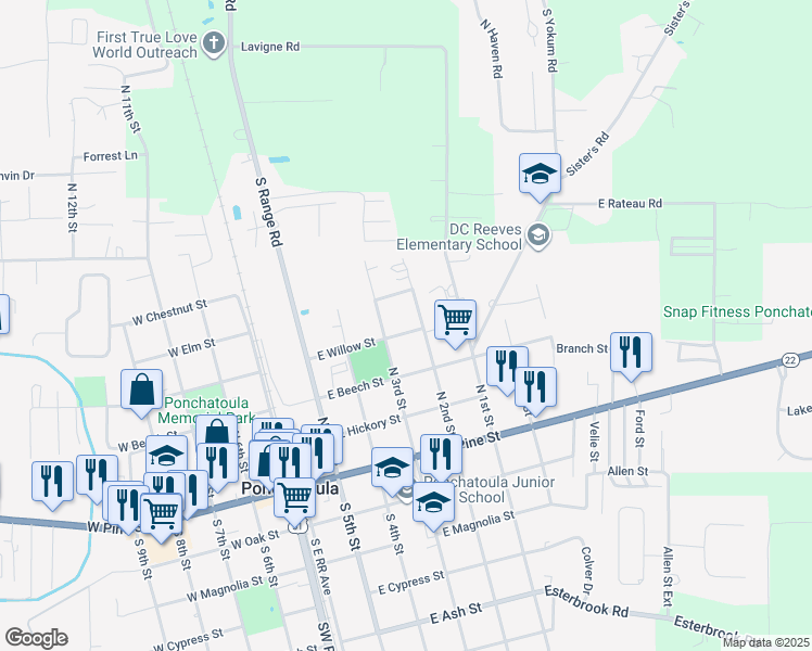 map of restaurants, bars, coffee shops, grocery stores, and more near 450 East Willow Street in Ponchatoula