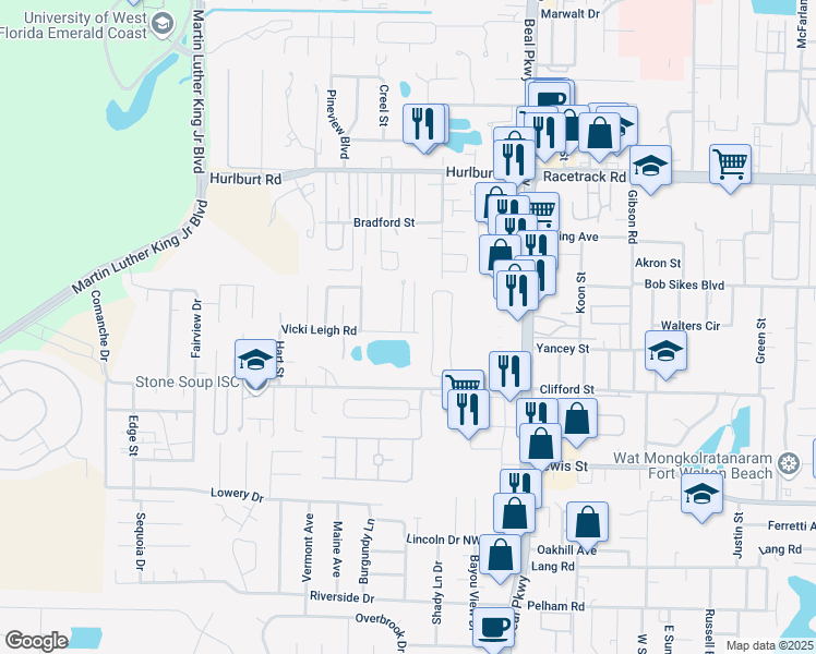 map of restaurants, bars, coffee shops, grocery stores, and more near 989 Claeven Circle in Fort Walton Beach