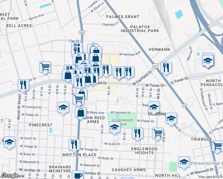 map of restaurants, bars, coffee shops, grocery stores, and more near 3106 North L Street in Pensacola