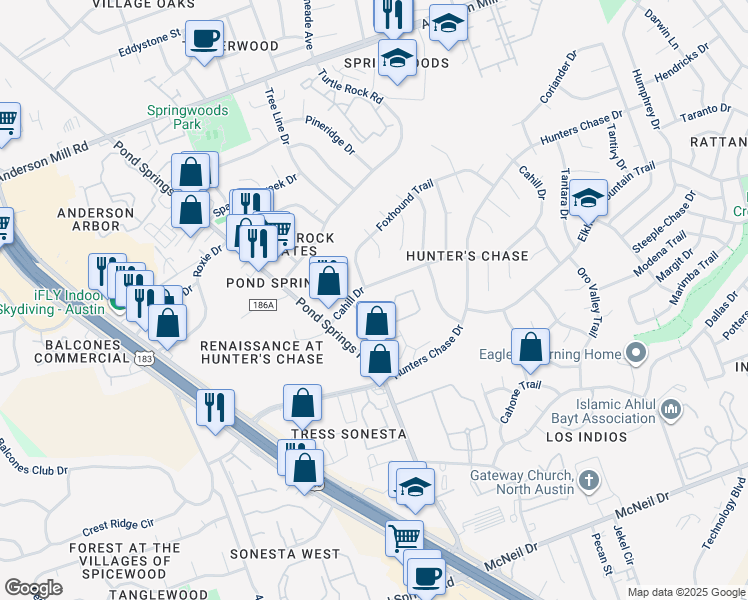 map of restaurants, bars, coffee shops, grocery stores, and more near 8519 Cahill Drive in Austin