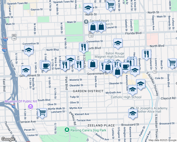 map of restaurants, bars, coffee shops, grocery stores, and more near Cedar Way in Baton Rouge