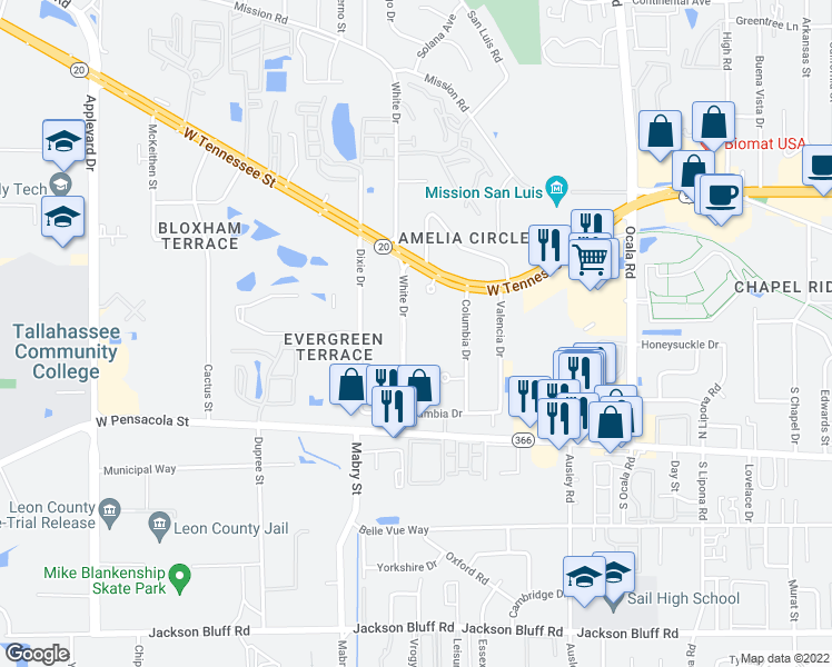 map of restaurants, bars, coffee shops, grocery stores, and more near 217 White Drive in Tallahassee