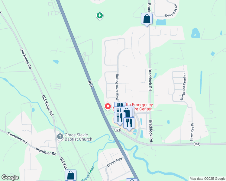 map of restaurants, bars, coffee shops, grocery stores, and more near 11516 Rolling River Boulevard in Jacksonville