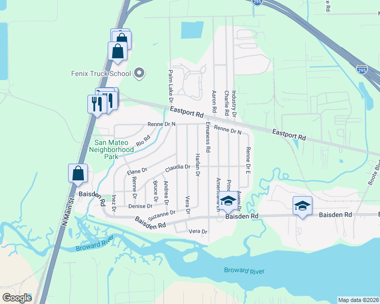 map of restaurants, bars, coffee shops, grocery stores, and more near 11447 Vera Drive in Jacksonville