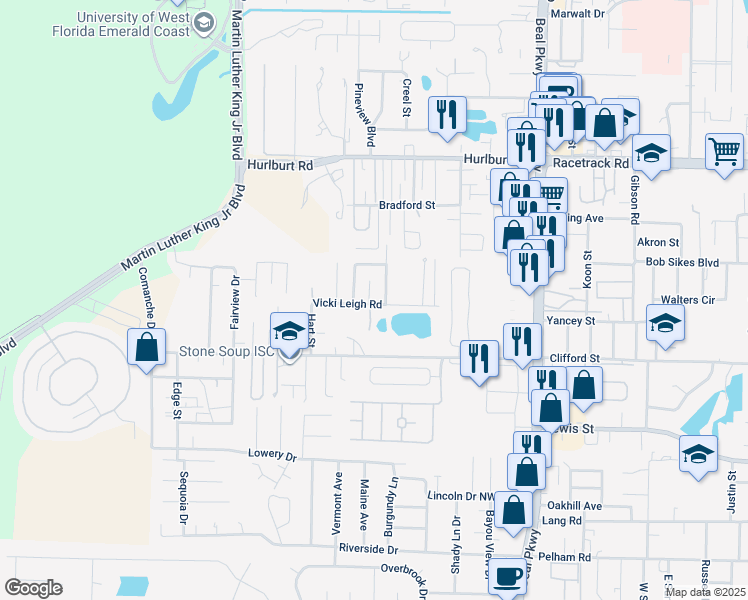 map of restaurants, bars, coffee shops, grocery stores, and more near 154 Vicki Leigh Road in Fort Walton Beach