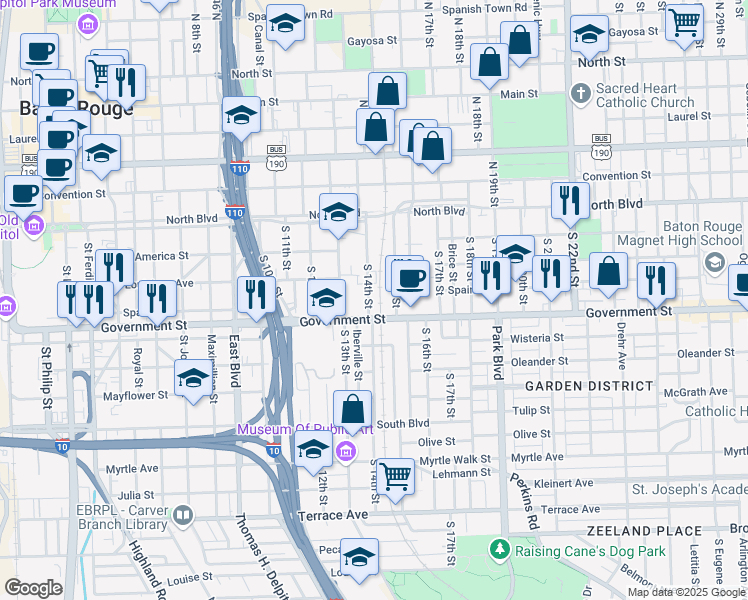 map of restaurants, bars, coffee shops, grocery stores, and more near 1440 Government Street in Baton Rouge
