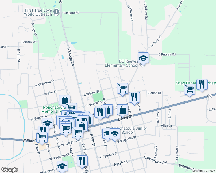 map of restaurants, bars, coffee shops, grocery stores, and more near 450 East Willow Street in Ponchatoula