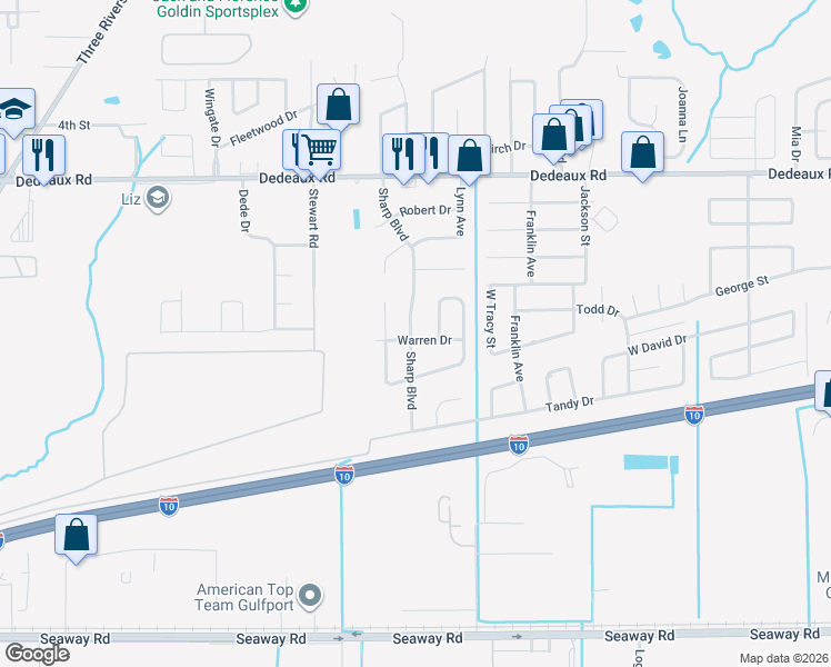 map of restaurants, bars, coffee shops, grocery stores, and more near 10593 Sharp Boulevard in Gulfport