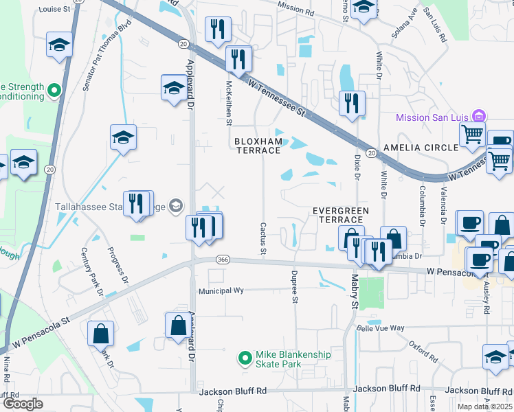 map of restaurants, bars, coffee shops, grocery stores, and more near 206 Cactus Street in Tallahassee