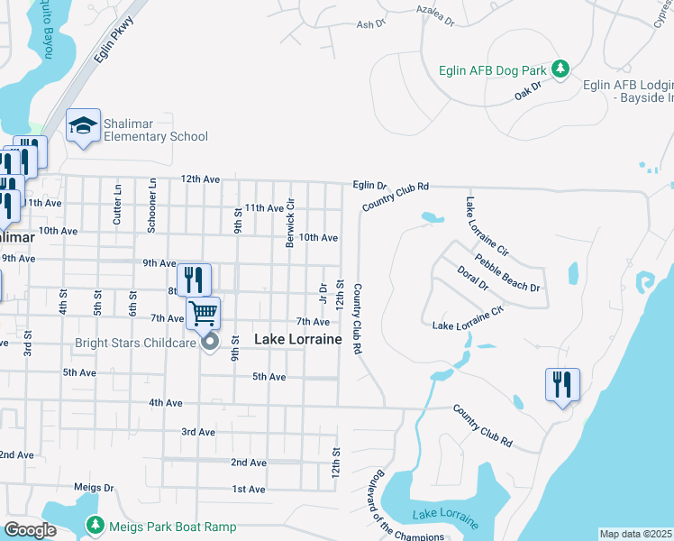 map of restaurants, bars, coffee shops, grocery stores, and more near 65C 12th Street in Shalimar