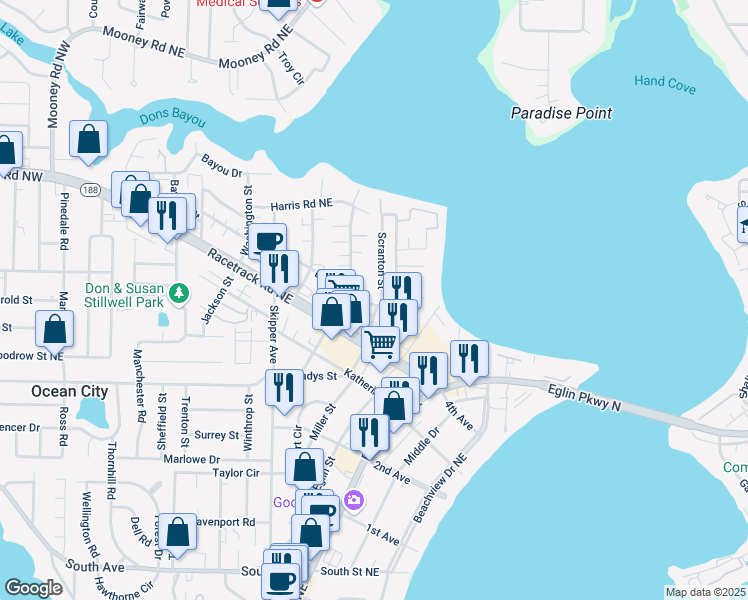 map of restaurants, bars, coffee shops, grocery stores, and more near 121 David Street in Fort Walton Beach