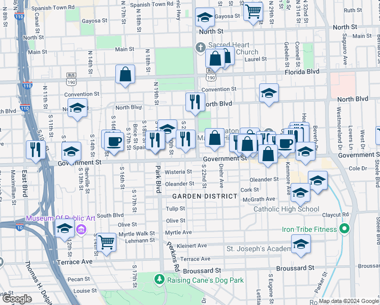 map of restaurants, bars, coffee shops, grocery stores, and more near 2031 Government Street in Baton Rouge
