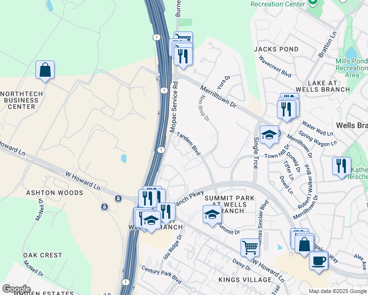 map of restaurants, bars, coffee shops, grocery stores, and more near 14318 Tandem Boulevard in Austin