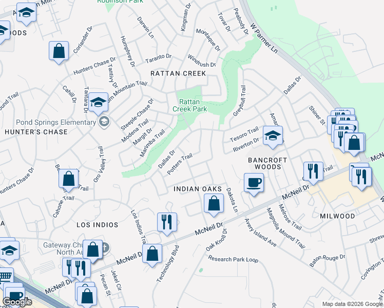 map of restaurants, bars, coffee shops, grocery stores, and more near 7208 Boniface Lane in Austin