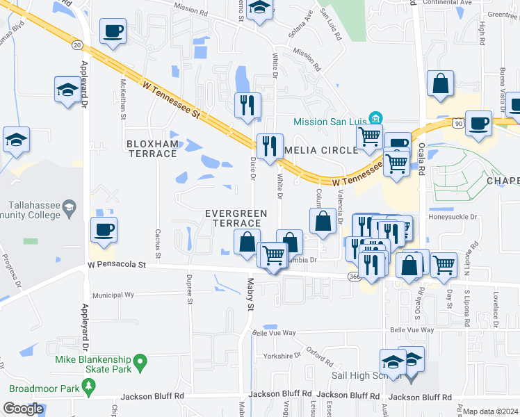 map of restaurants, bars, coffee shops, grocery stores, and more near 231 Dixie Drive in Tallahassee
