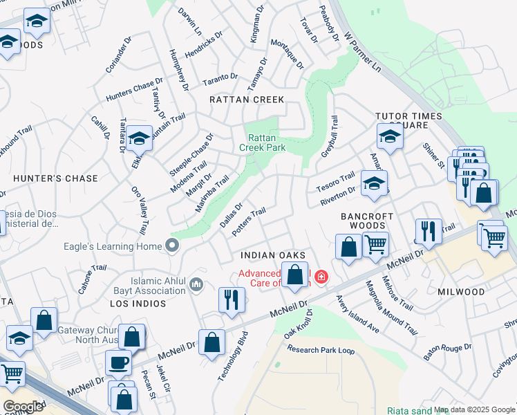 map of restaurants, bars, coffee shops, grocery stores, and more near 7208 Boniface Lane in Austin