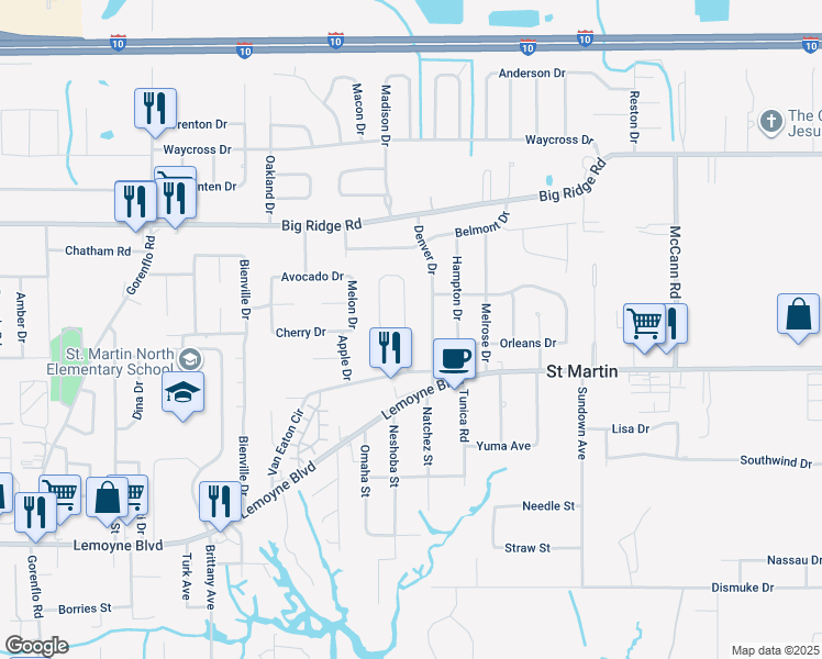 map of restaurants, bars, coffee shops, grocery stores, and more near 7104 Oak Cove Drive in Biloxi