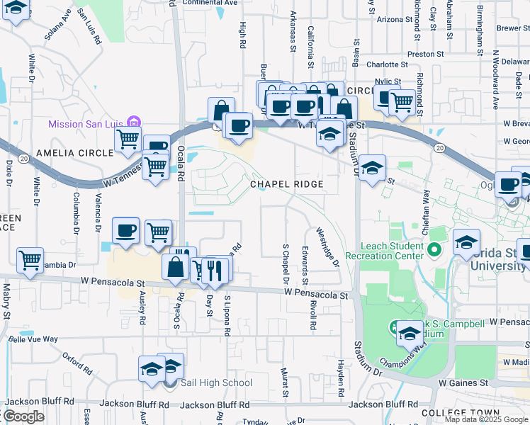 map of restaurants, bars, coffee shops, grocery stores, and more near 227 Westminster Drive in Tallahassee