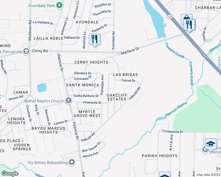 map of restaurants, bars, coffee shops, grocery stores, and more near 3080 Bent Oak Road in Pensacola