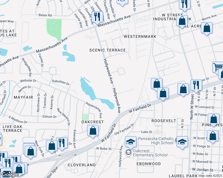 map of restaurants, bars, coffee shops, grocery stores, and more near 2749 Hollywood Avenue in Pensacola