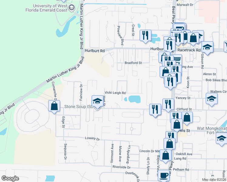 map of restaurants, bars, coffee shops, grocery stores, and more near 901 Lawton Court in Fort Walton Beach