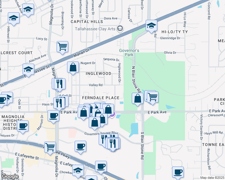 map of restaurants, bars, coffee shops, grocery stores, and more near 115 Ferndale Drive in Tallahassee