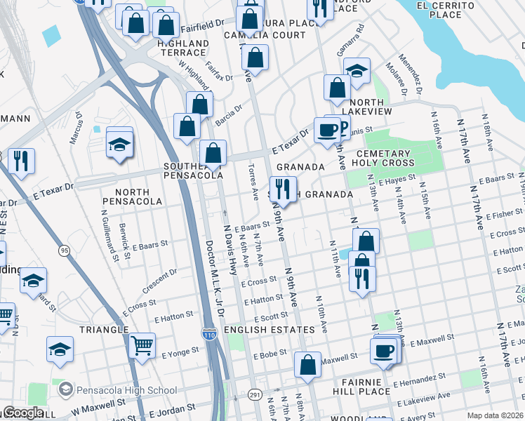 map of restaurants, bars, coffee shops, grocery stores, and more near 3000 Torres Avenue in Pensacola