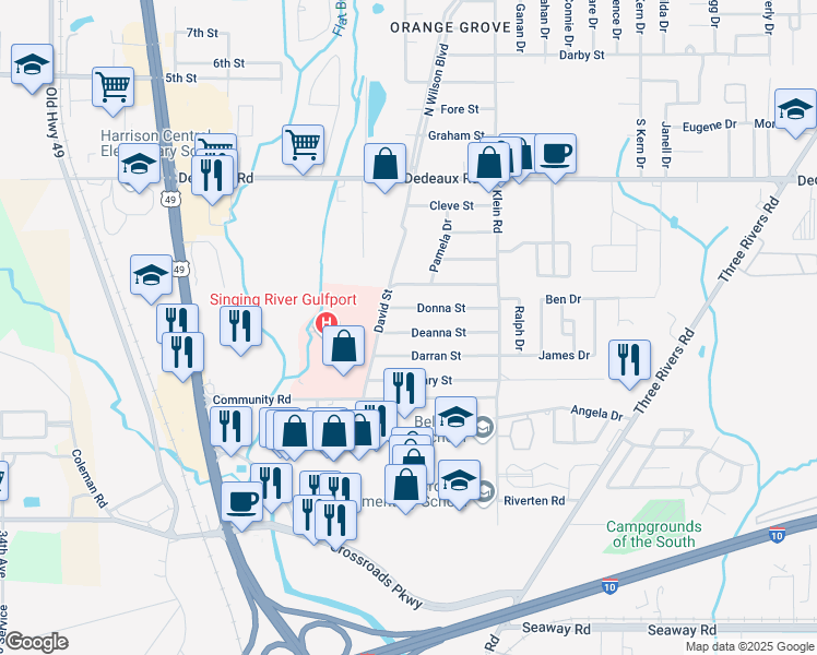 map of restaurants, bars, coffee shops, grocery stores, and more near 124 Deanna Street in Gulfport