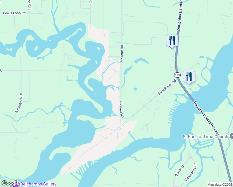 map of restaurants, bars, coffee shops, grocery stores, and more near 11900 Pioneer Road in Theodore