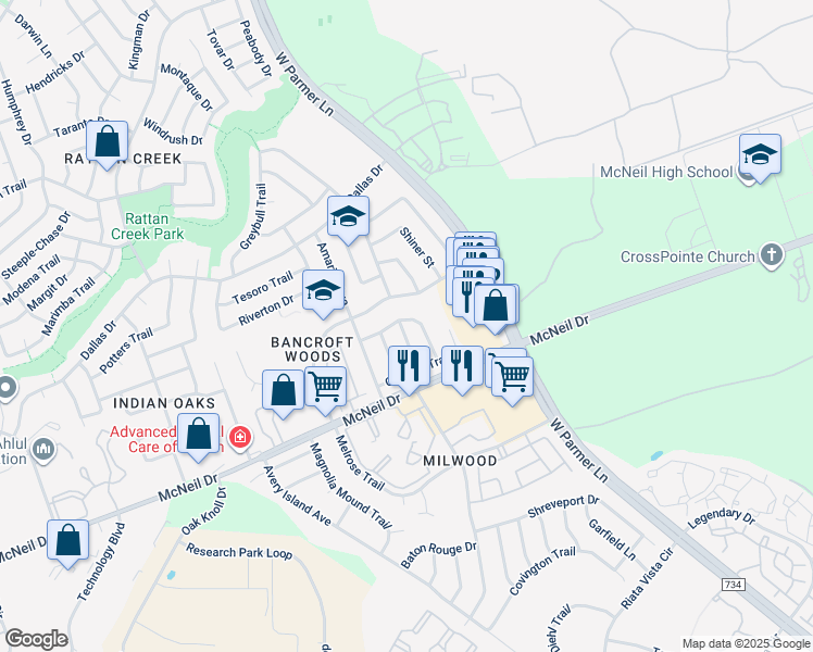 map of restaurants, bars, coffee shops, grocery stores, and more near 13107 Sinton Lane in Austin