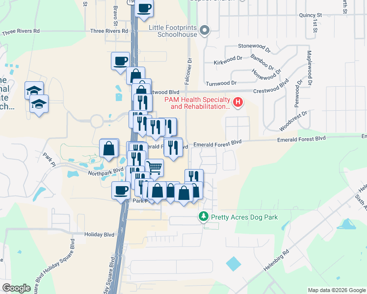 map of restaurants, bars, coffee shops, grocery stores, and more near 534 Emerald Forest Boulevard in Covington